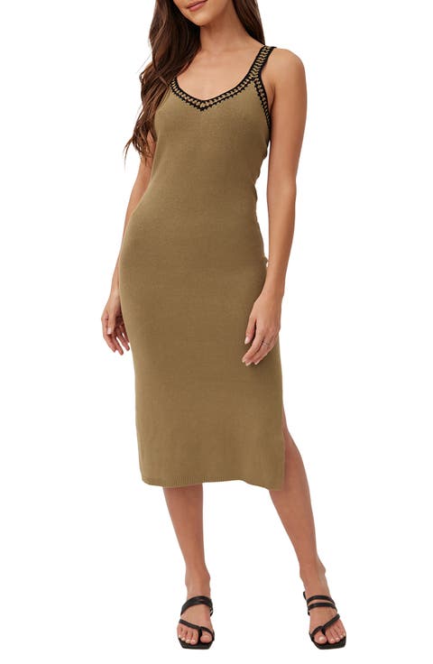 Crochet Trim Linen Blend Midi Sweater Dress