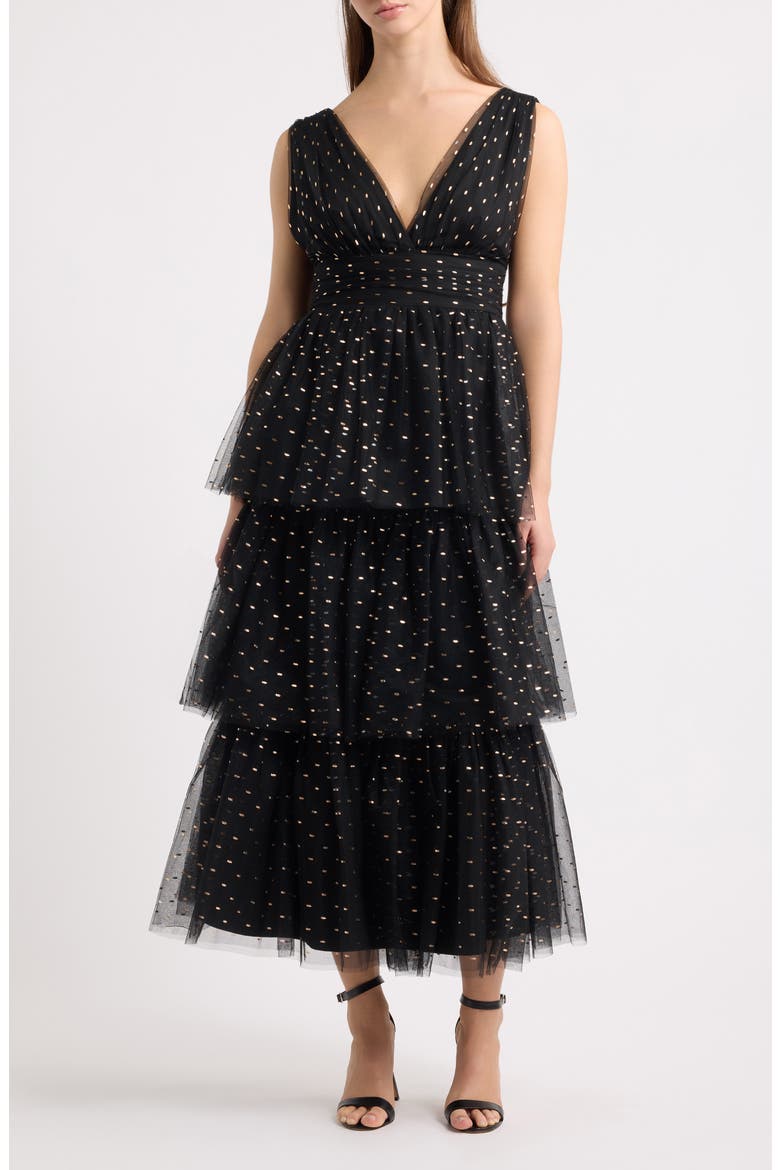Sleeveless Foil Tiered Midi Dress, Main, color, BLACK/GOLD/SILVER
