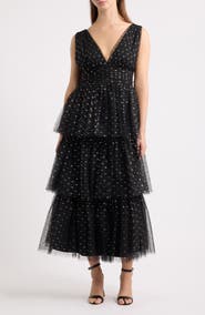 Lulus Sleeveless Foil Tiered Midi Dress