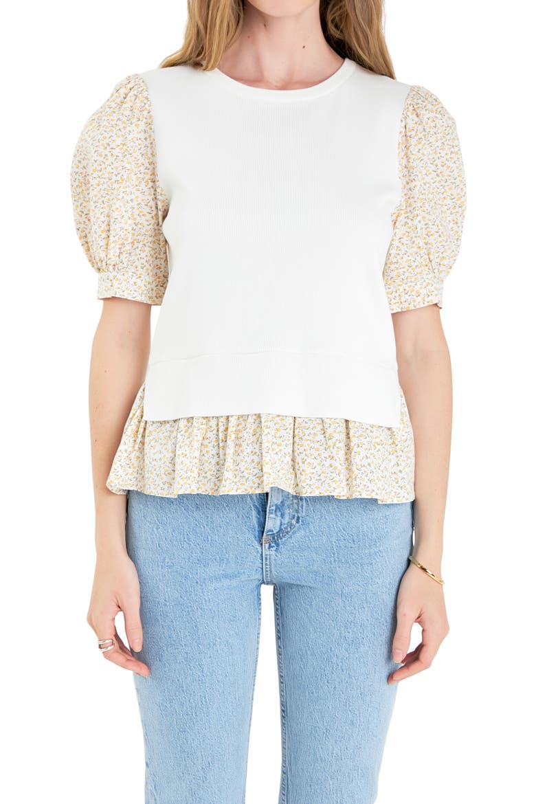 Floral Mixed Media Top, Alternate, color, IVORY