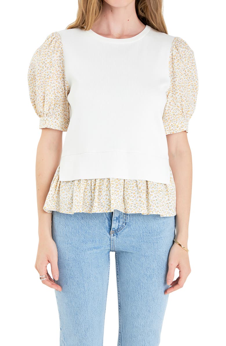 English Factory Floral Mixed Media Top, Alternate, color, Ivory