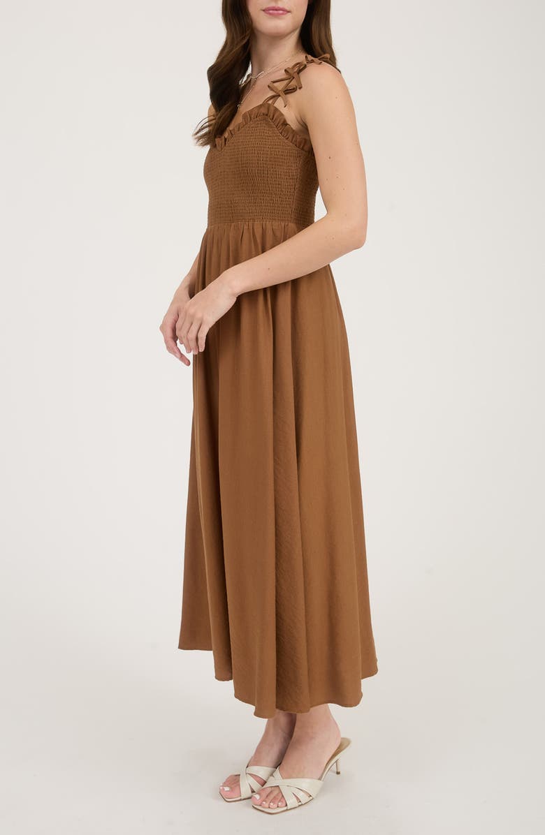 Blu Pepper Bow Strap Smocked Fit & Flare Midi Dress, Alternate, color, Brown