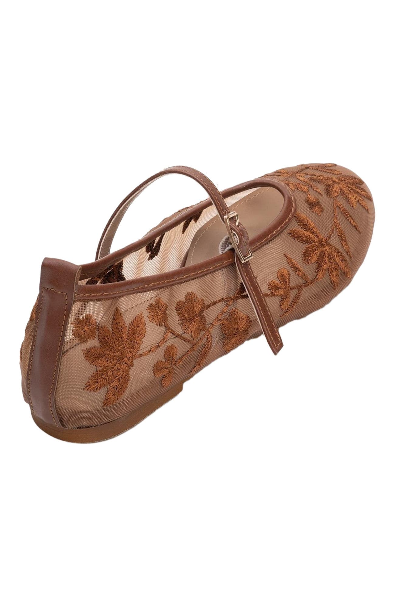 Prologue Shoes Juny Mesh Floral Embroidery Ballet Flat, Alternate, color, Cognac Faux Leather