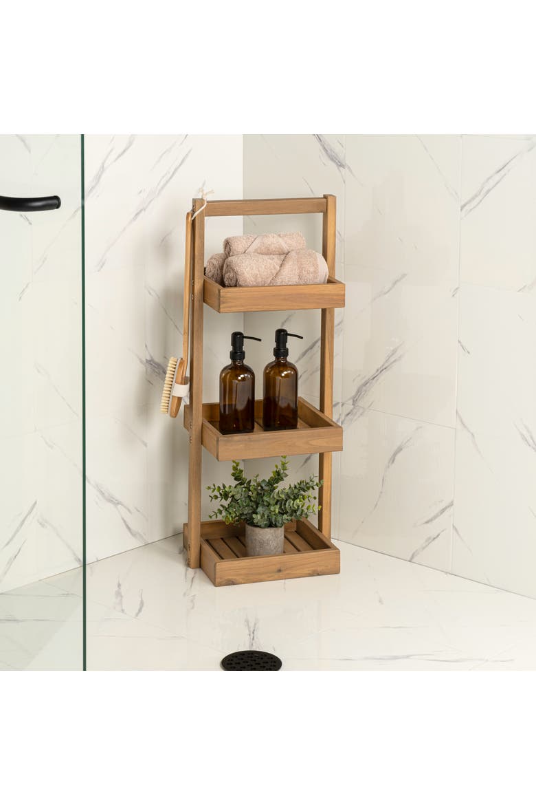Tilly 30" Classic Rustic 3-Tier Acacia Wood Freestanding Bathroom Shower Caddy, Alternate, color, Light Teak