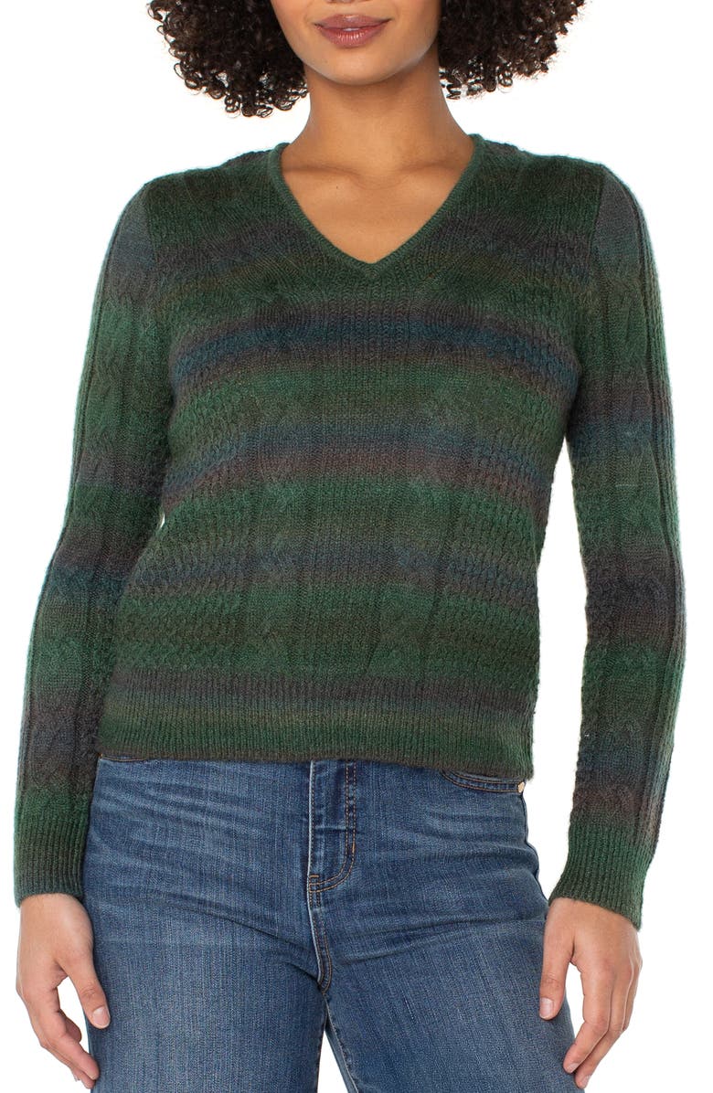Liverpool Los Angeles Cable Stitch Sweater, Main, color, Emerald Multi Spacedye