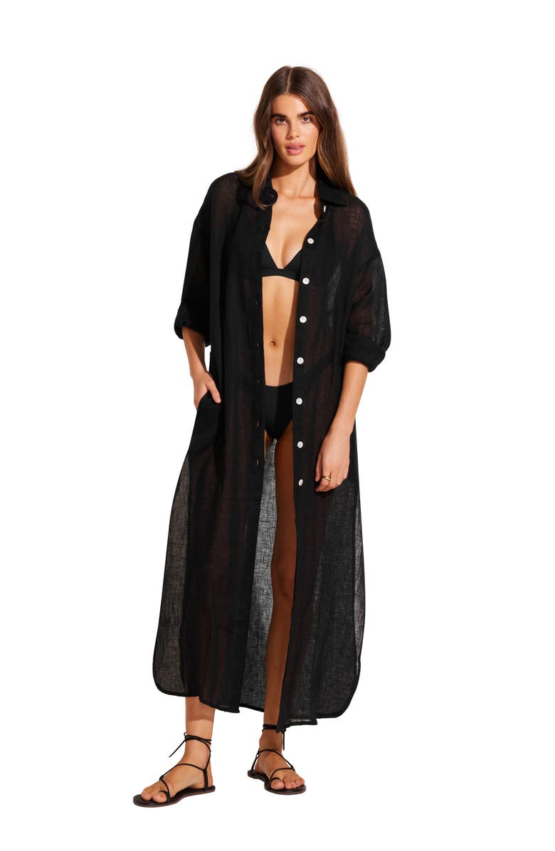 Vitamin A<sup>®</sup> Playa Long Seeve Linen Cover-Up Maxi Shirtdress, Alternate, color, 