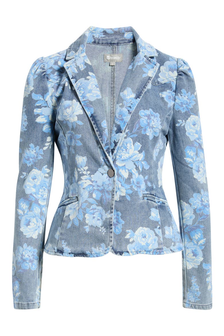 Floral Puff Sleeve Denim Jacket, Alternate, color, INDIGO