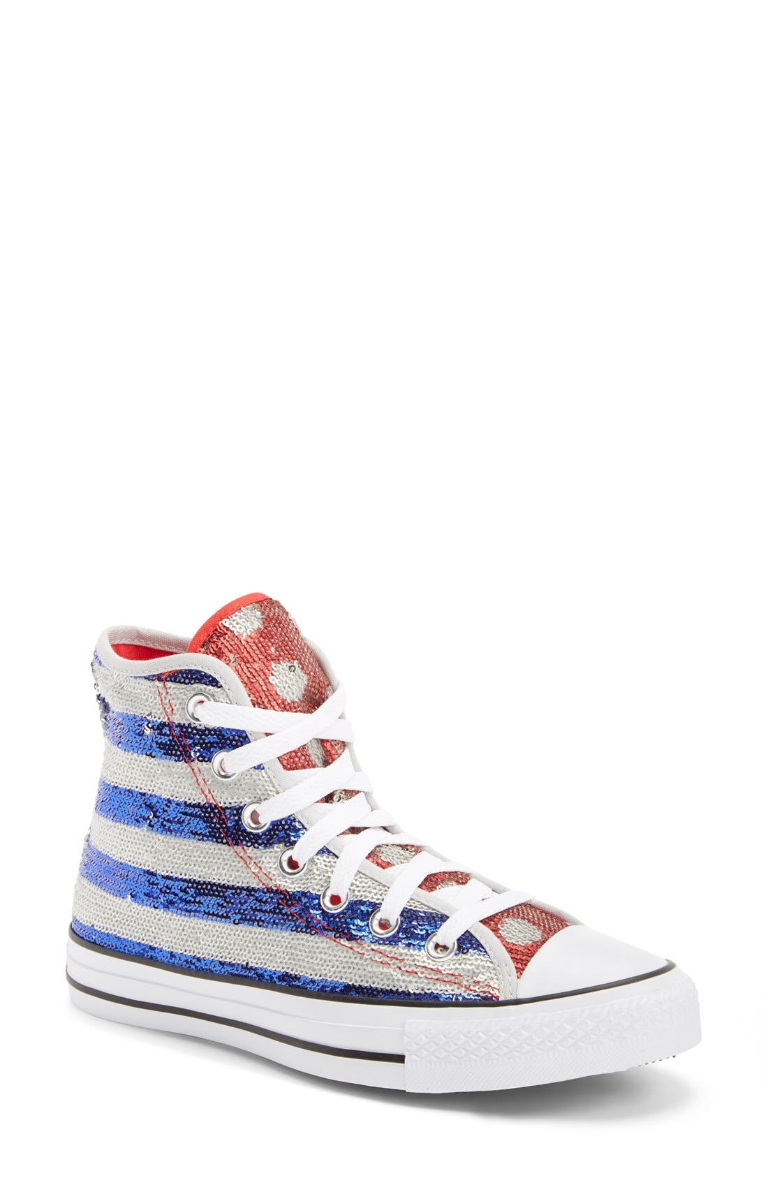 Chuck Taylor® All Star® Sequin Flag High Top Sneaker, Main, color, SILVER/ ELECTRIC COBALT/ WHITE