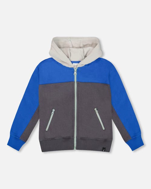 Deux Par Deux Kids'  Color Blocked Zip Front Fleece Hoodie In Blue