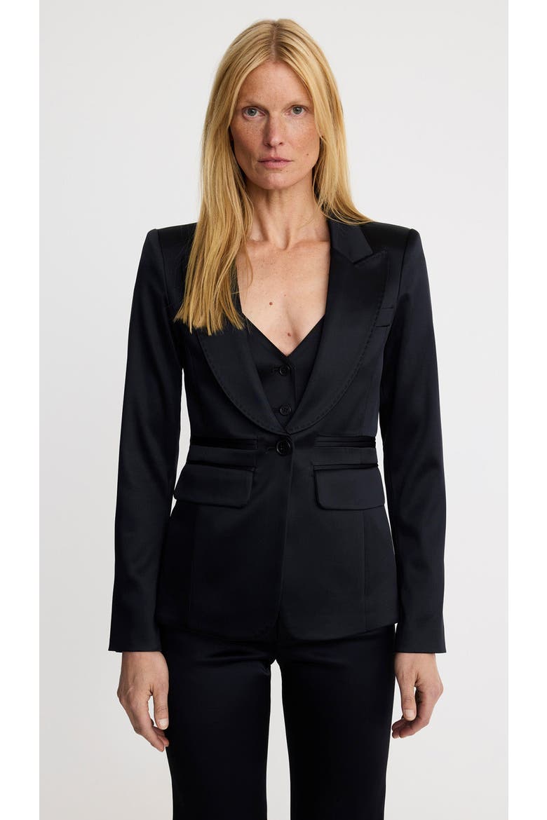 Tuxedo Peaked Lapel Blazer, Main, color, Black Satin