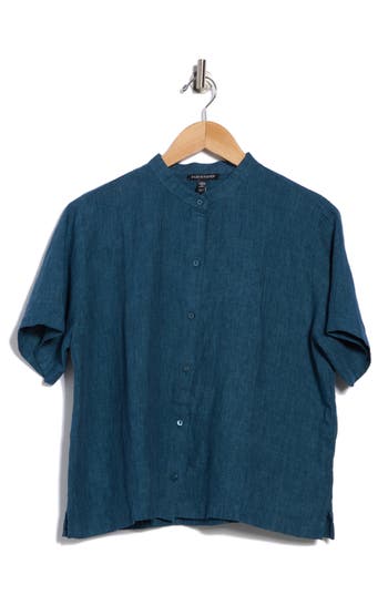 Eileen Fisher Organic Linen Button-up Shirt In Blue