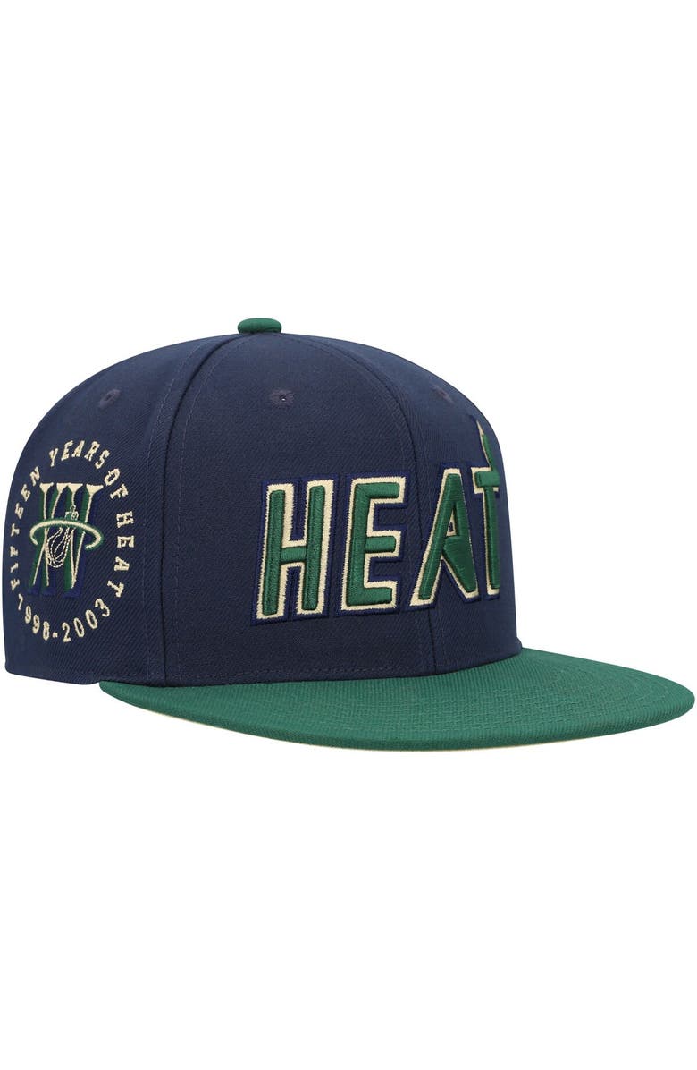 Mitchell & Ness Men's Mitchell & Ness Navy/Green Miami Heat 15th Anniversary Hardwood Classics Grassland Fitted Hat, Main, color, 