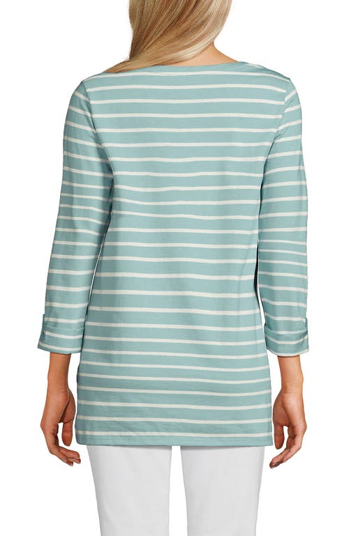 Lands' End Supima Cotton Adjustable 3/4 Sleeve Boatneck Tunic In Misty Aqua/ivory Breton Stripe