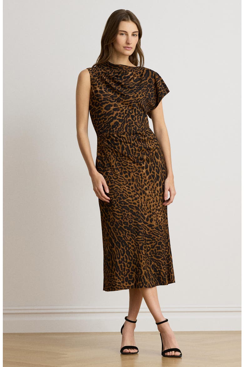 Ocelot Print Crêpe de Chine Midi Dress, Alternate, color, BEIGE
