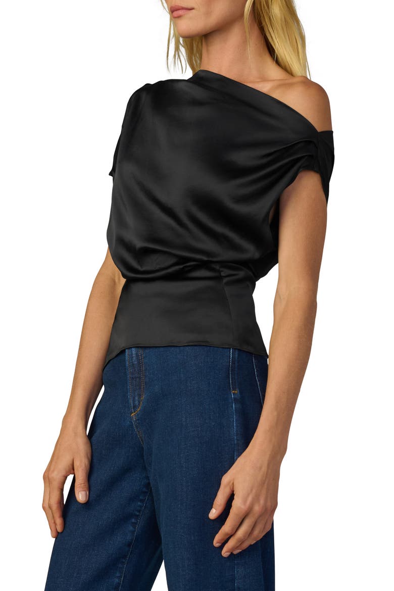 The Isla Drape One-Shoulder Satin Top, Alternate, color, BLACK