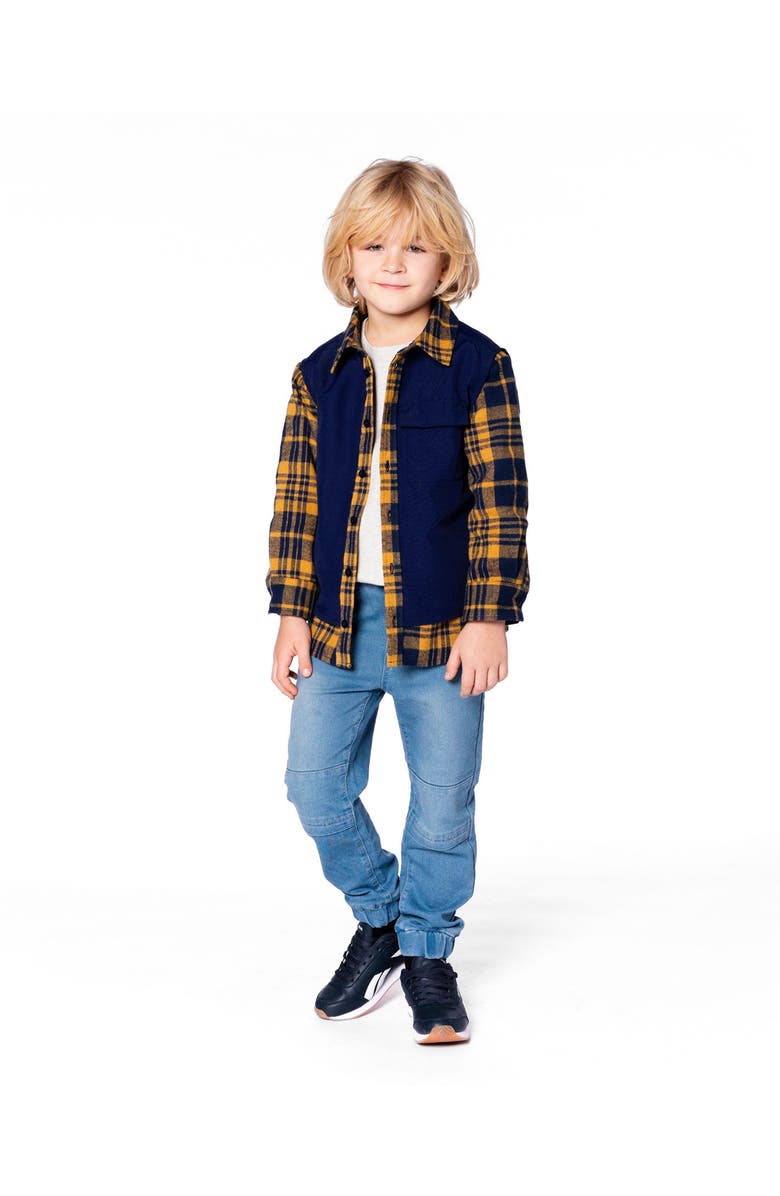 Deux par Deux Long Sleeve Plaid Flannel Shirt with Solid Vest, Main, color, Blue And Ochre