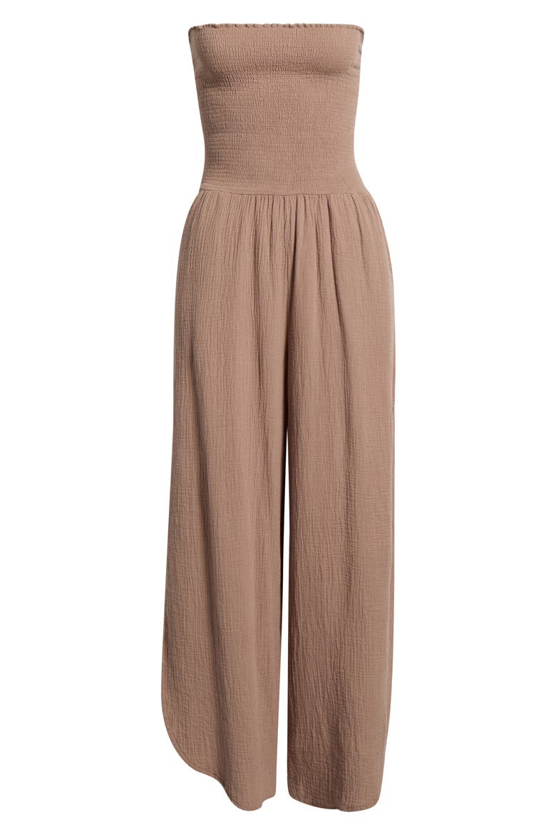 Strapless Smocked Bodice Cotton Gauze Cover-Up Jumpsuit, Alternate, color, TAUPE