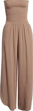 Elan Strapless Smocked Bodice Cotton Gauze Cover-Up Jumpsuit