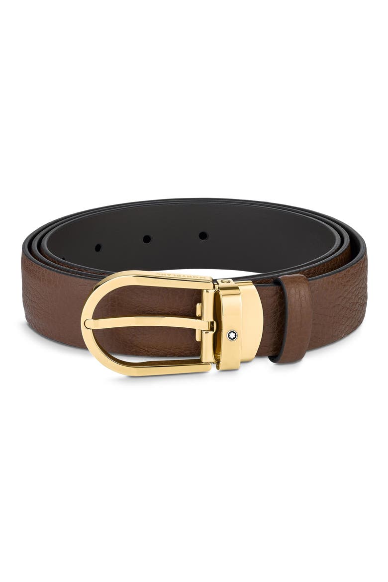 Horseshoe Buckle Leather Belt, Main, color, BROWN/ GOLD