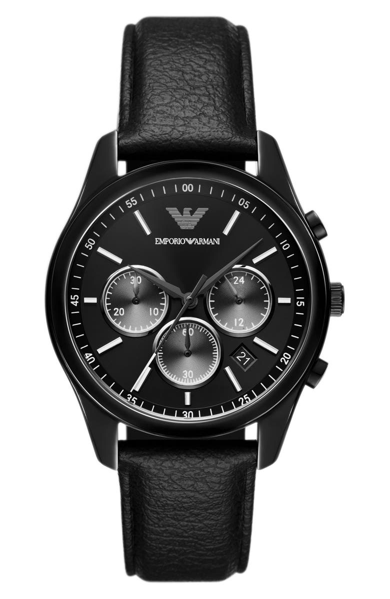 Emporio Armani Antonio Chronograph Leather Strap Watch, 41mm, Main, color, Black