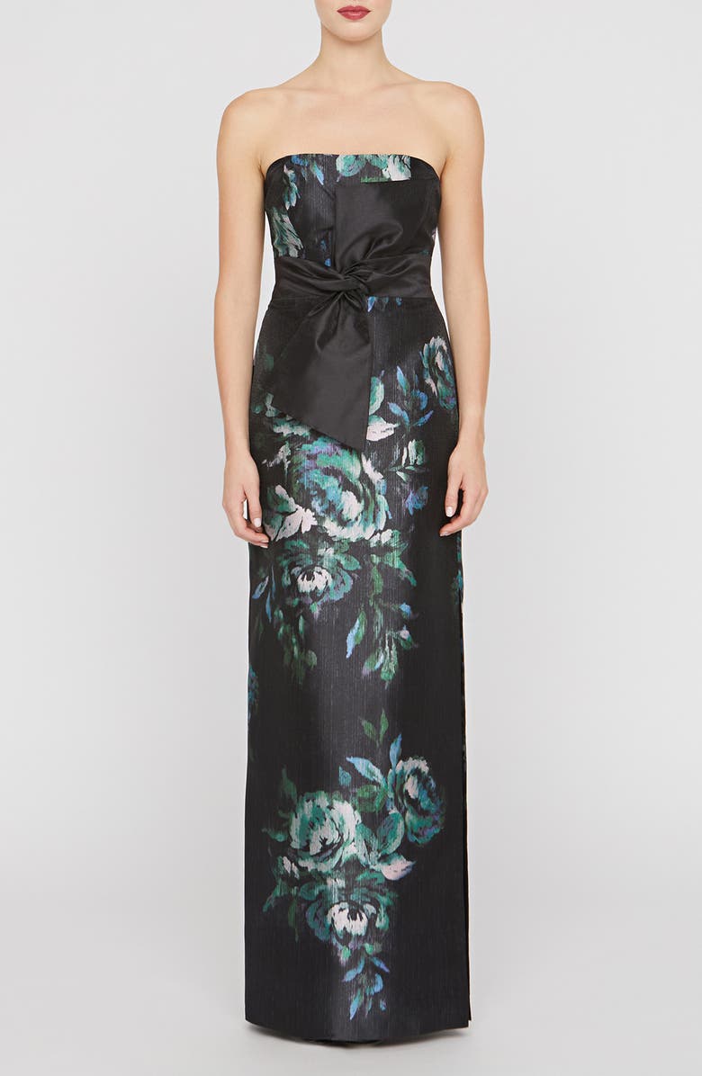 Kay Unger Constance Floral Bow Detail Strapless Column Gown, Main, color, Black/ Deep Green