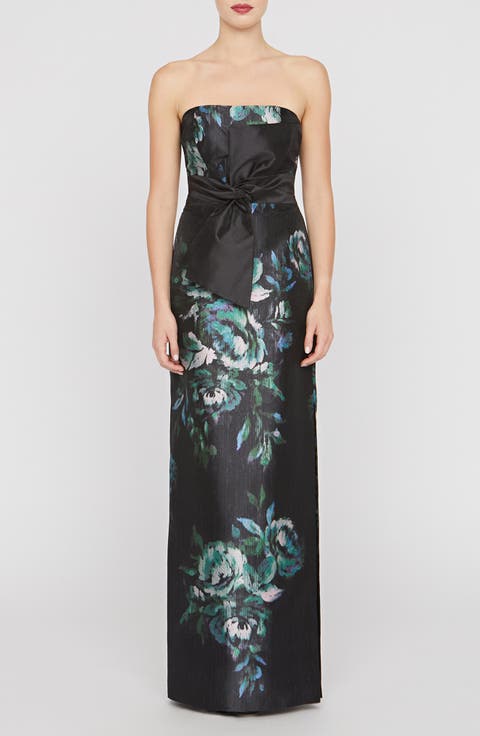 Constance Floral Bow Detail Strapless Column Gown
