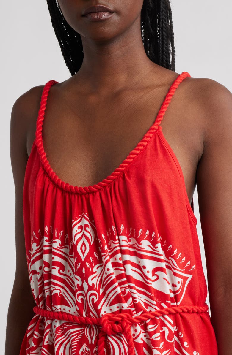 FARM Rio Majestic Coconut Tree Linen Blend Midi Dress, Alternate, color, Red