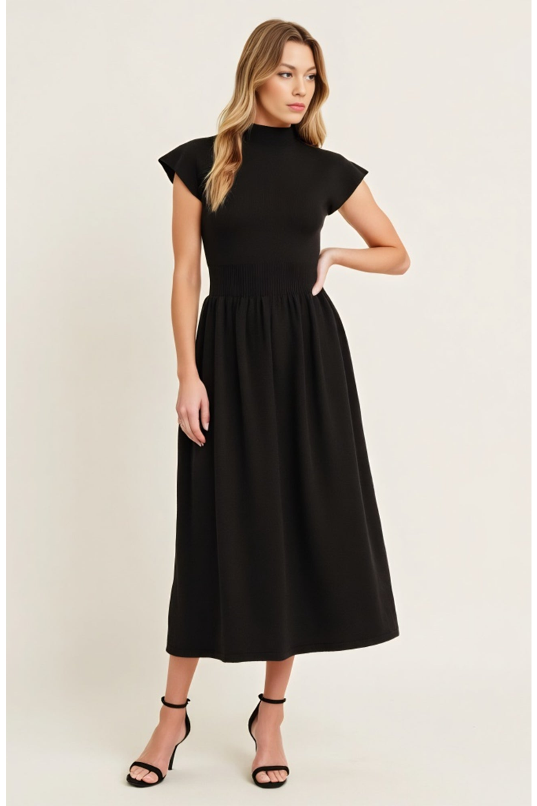 Scallop Edge Mock Neck Sleeveless Knit Midi Dress with Flared Skirt, Alternate, color, Black