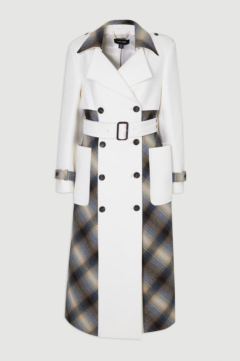 Wool Check Trench Midi Coat, Alternate, color, Ivory