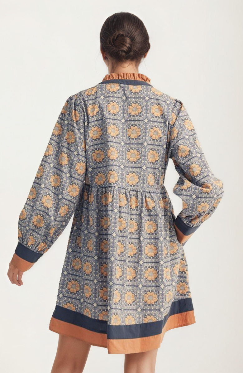 Knit and Lounge Geo Floral Print Long Sleeve Mini Dress with Contrast Trim, Alternate, color, 