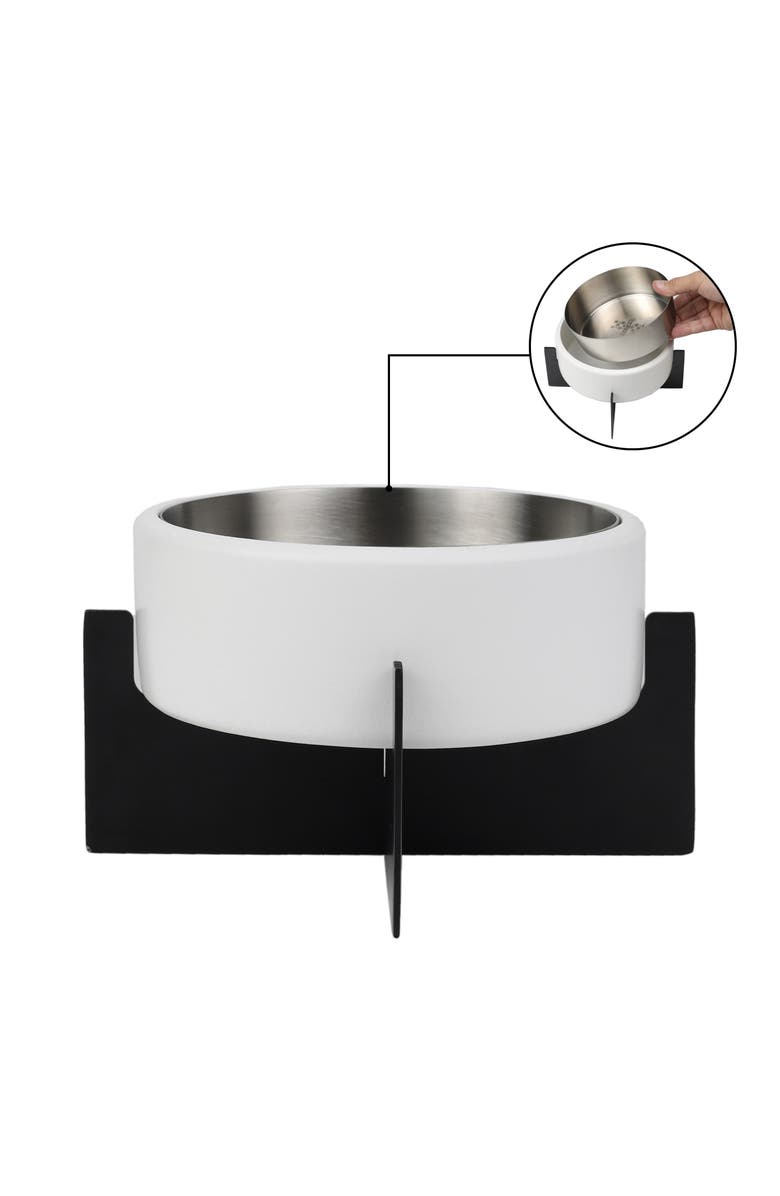 The Licker Store Intersecta Small/Medium Concrete and Stainless Steel Bowl 16oz (2 Cups) with Metal Stand Pet Feeder, Alternate, color, White/Black