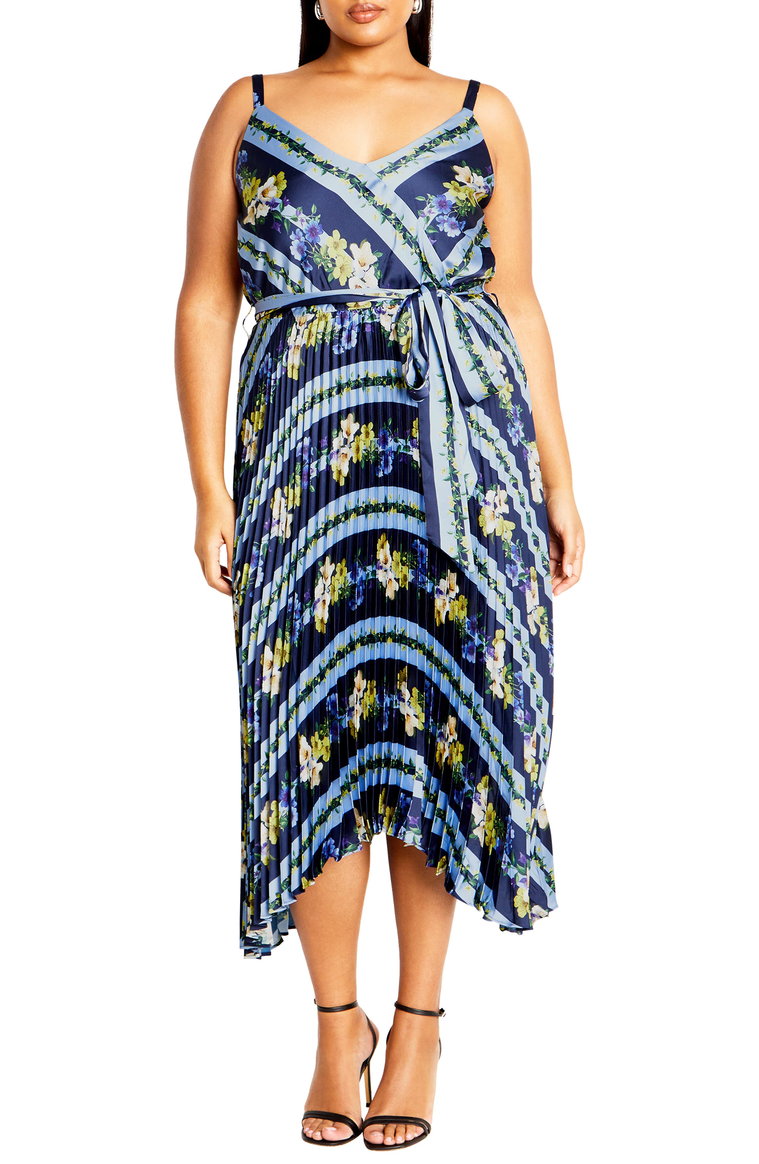 City Chic Amelia Floral Pleated Handkerchief Hem Dress