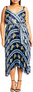 City Chic Amelia Floral Pleated Handkerchief Hem Dress