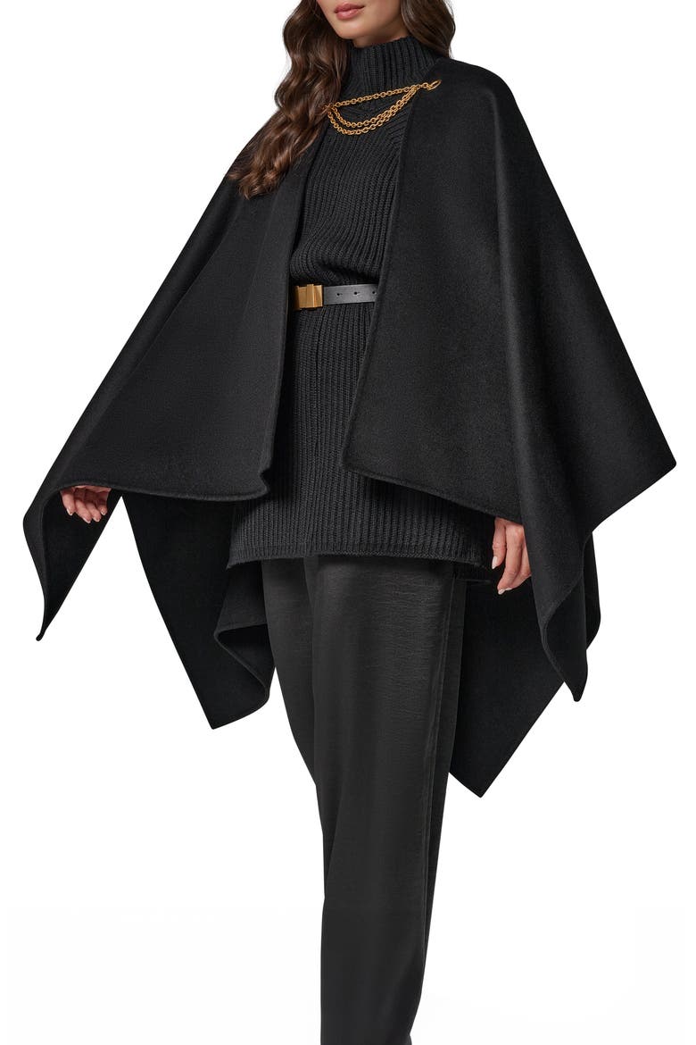 Chain Closure Wool Blend Cape, Alternate, color, BLACK