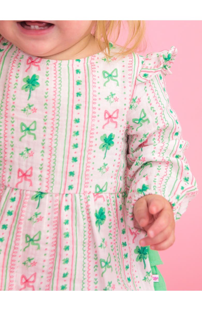 RuffleButts Cotton Gauze Long Sleeve Flutter Bubble Romper, Alternate, color, Clover Bows & Wishes