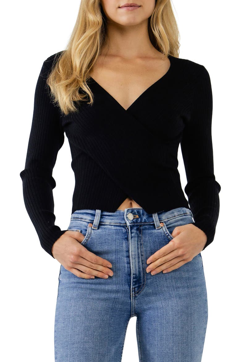 Wrap Front Rib Sweater, Alternate, color, BLACK
