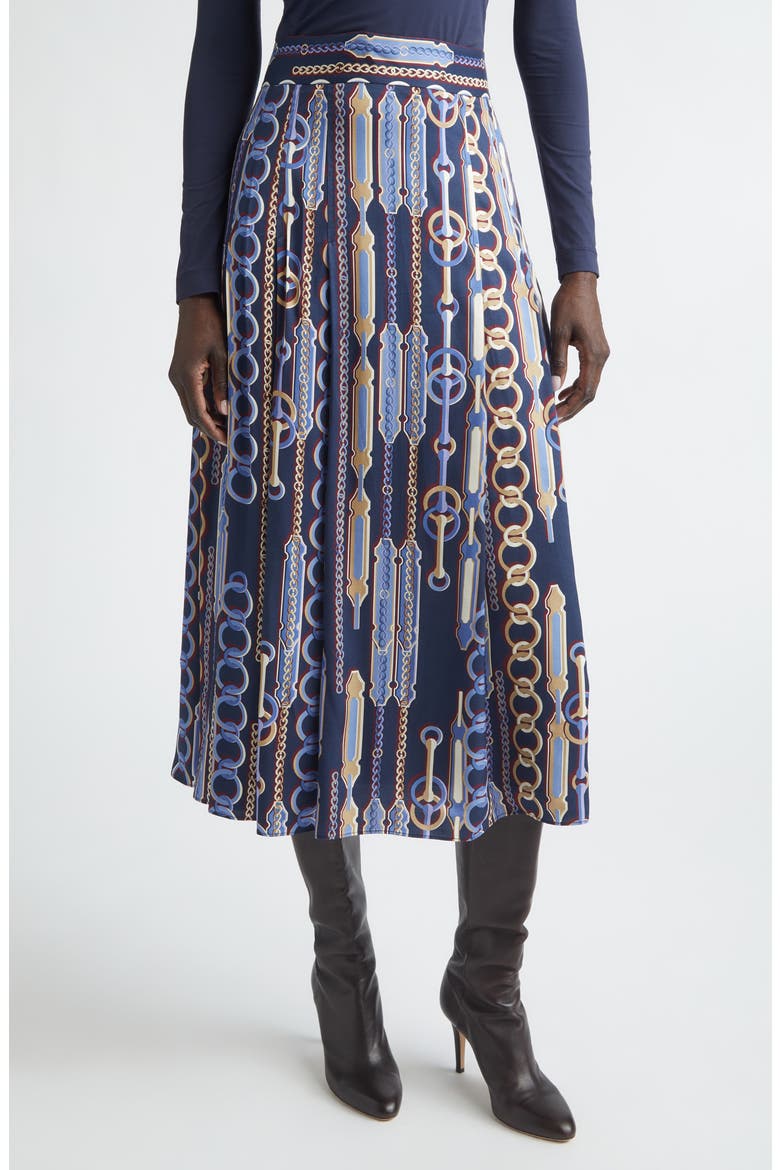 Heritage Chain Bridle Print Pleated Midi Skirt, Main, color, MIDNIGHT MULTI