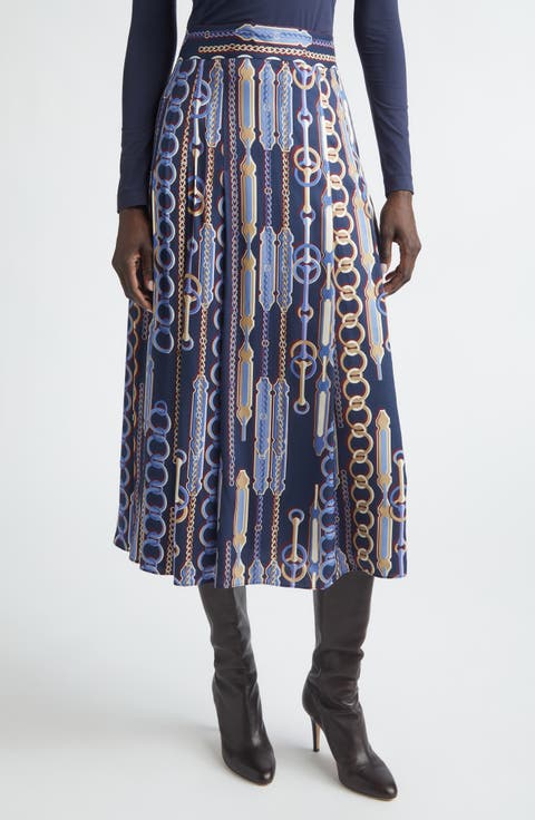 Heritage Chain Bridle Print Pleated Midi Skirt