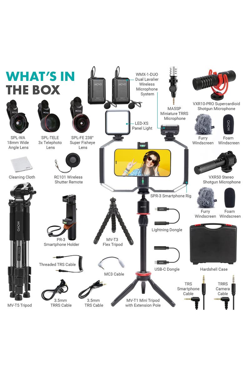 MOVO iVlog5 Director's Vlogging Kit with Various Microphones, Lights, and Accessories, Alternate, color, Black