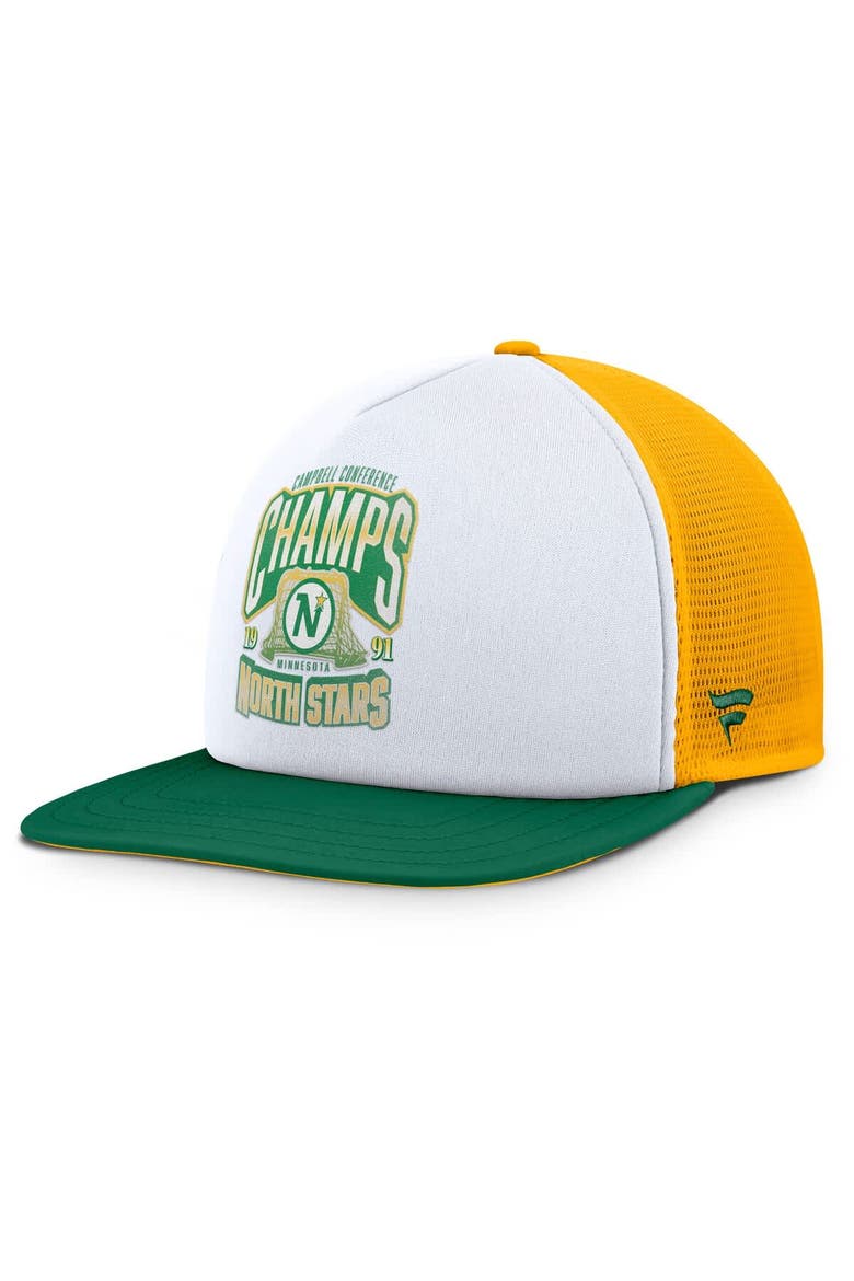 Men's Fanatics White/Green Minnesota North Stars Decades Collection Foam Front Snapback Hat, Main, color, White