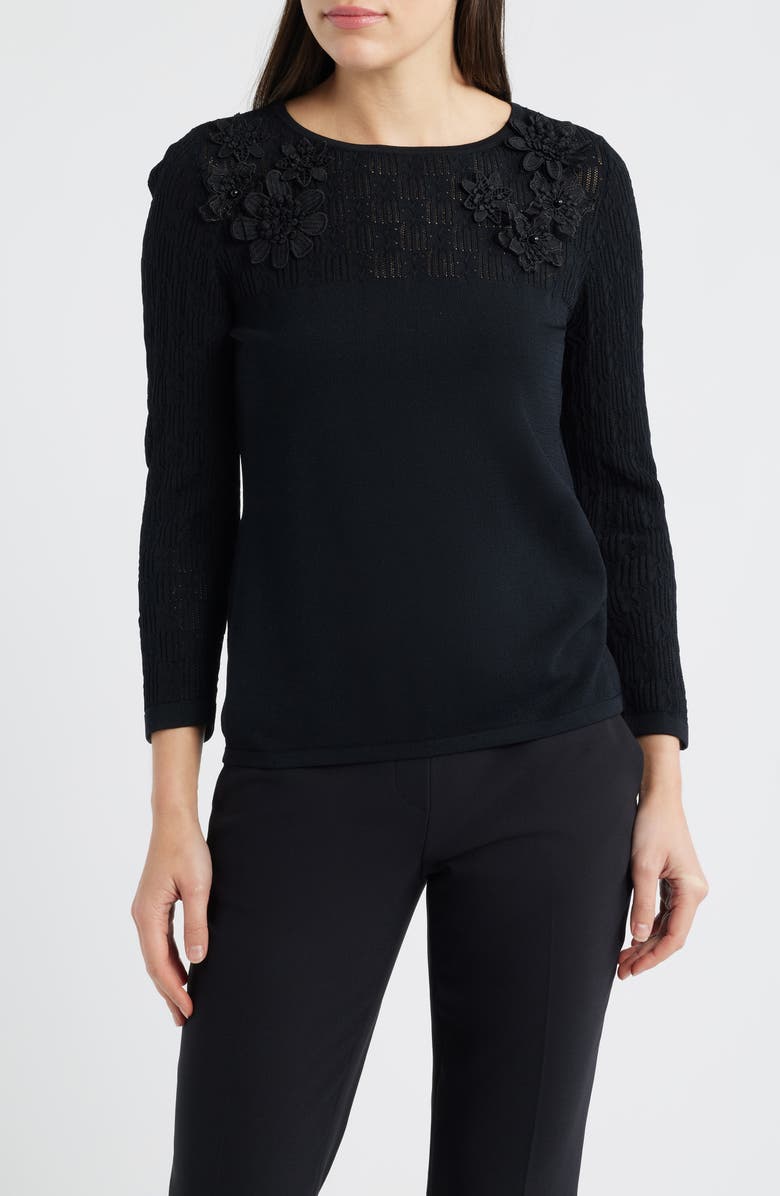 Anne Klein 3D Floral Appliqué Yoke Sweater, Main, color, Anne Black