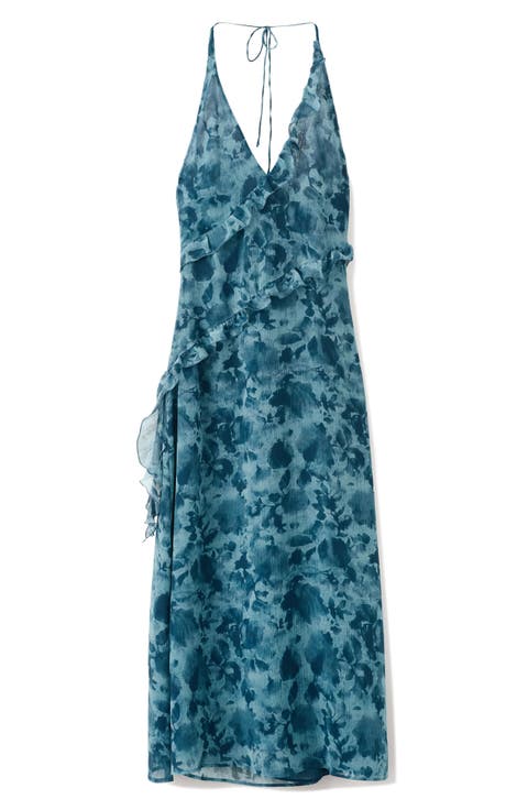 Ruffle Print Halter Maxi Dress