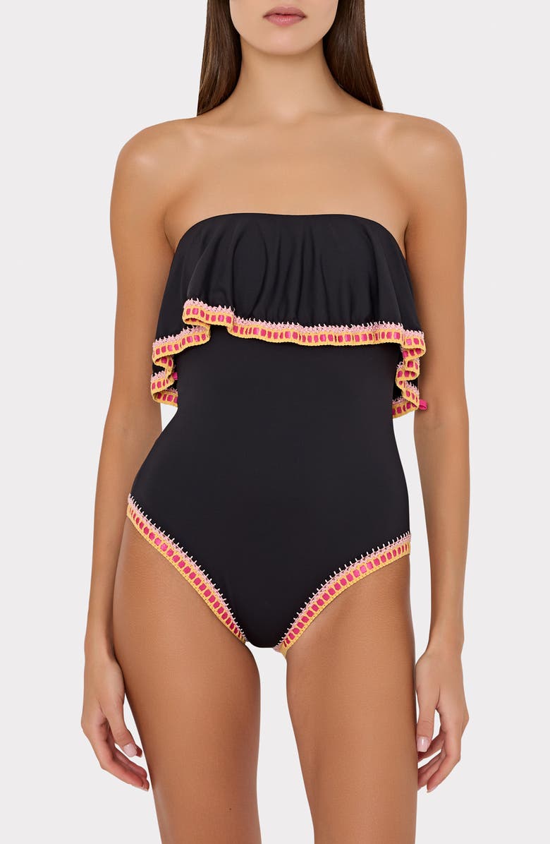 Milly Strapless Crochet Ruffle One-Piece Swimsuit, Main, color,