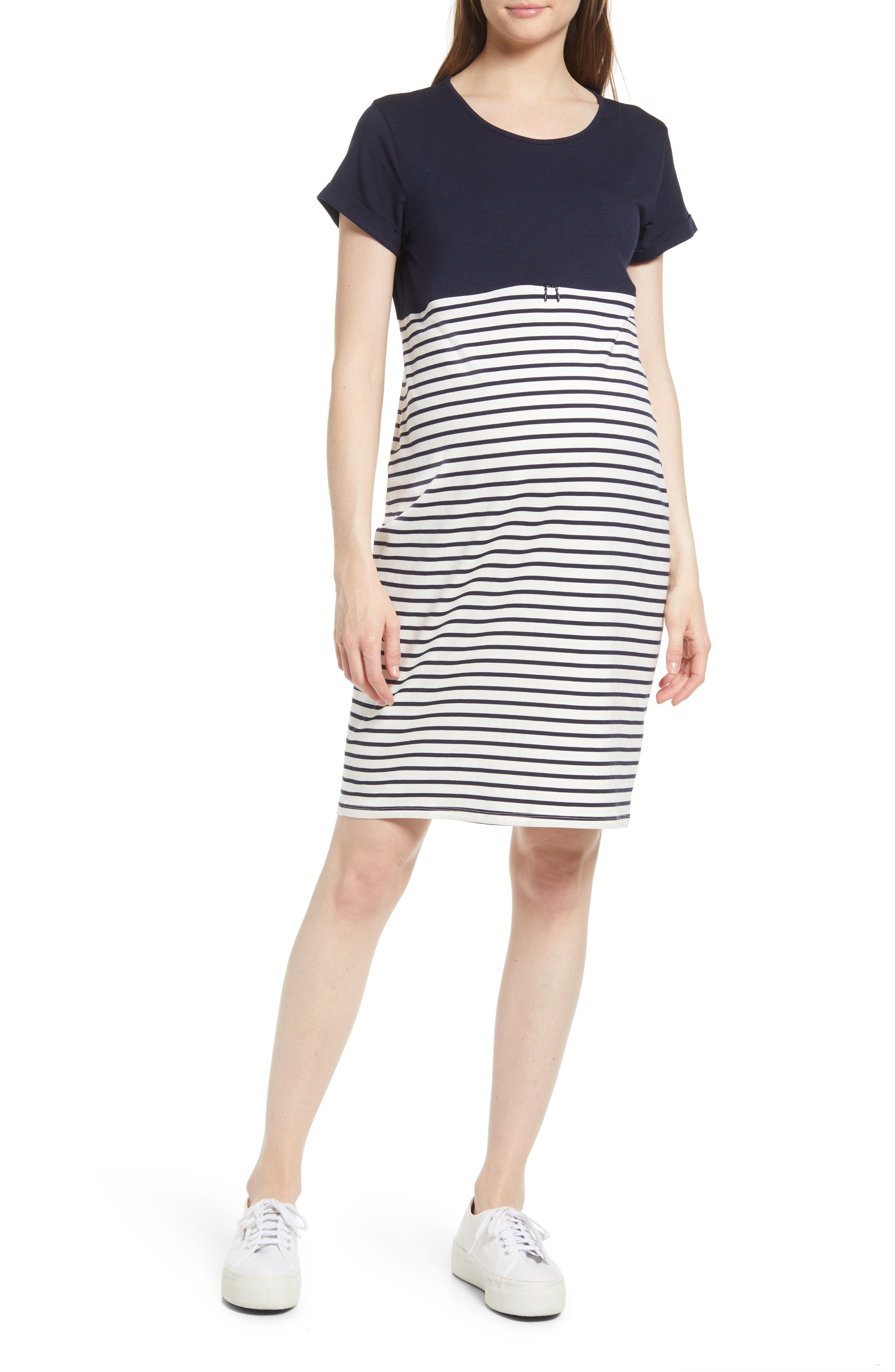 Angel Maternity Stripe Maternity/Nursing Nightgown in Navy 