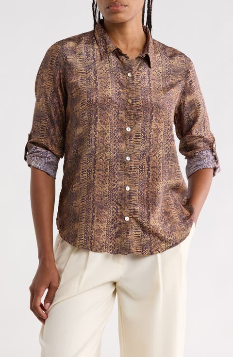 Mixed Print Roll Tab Button Up Shirt