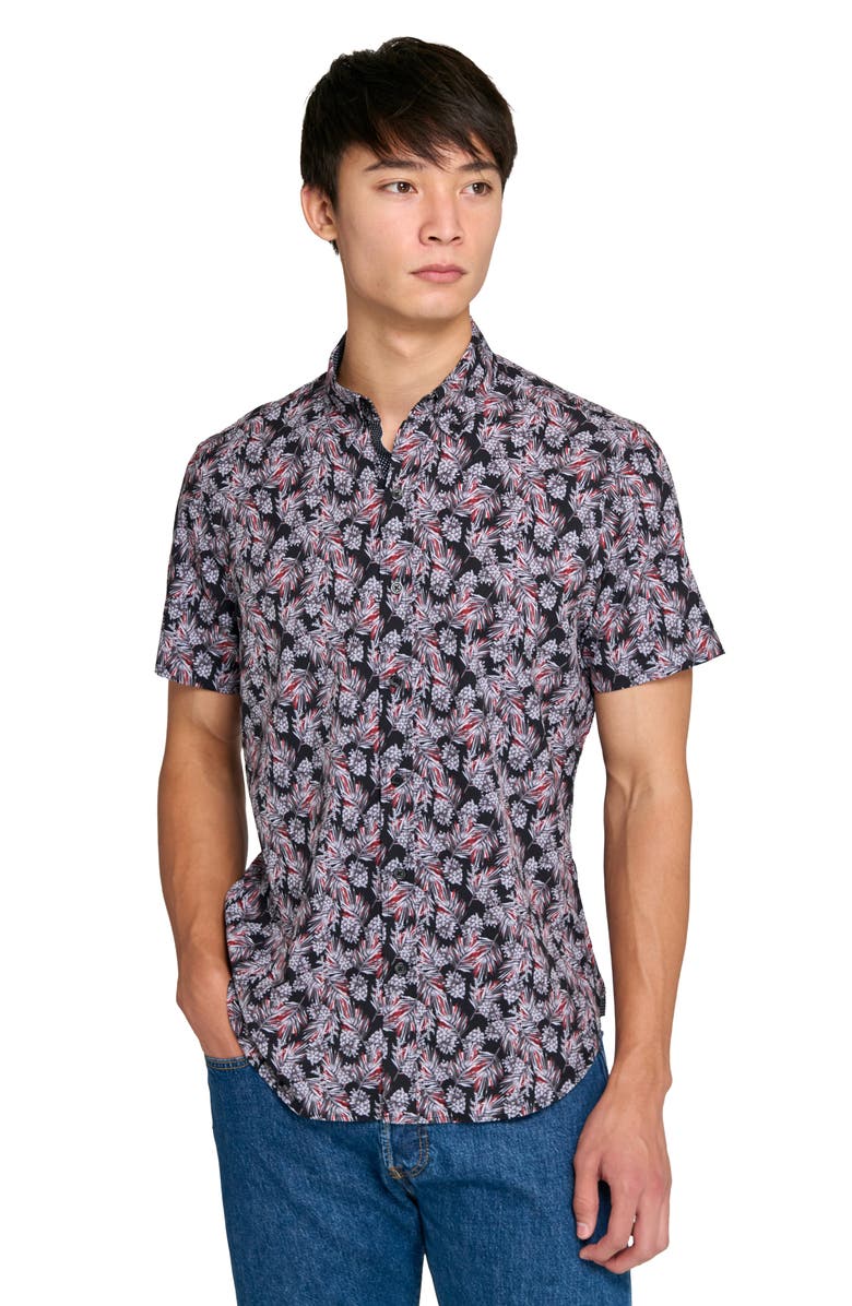 CONSTRUCT Slim Fit Pine Cone Print 4-Way Stretch Short Sleeve Shirt, Alternate, color, Black/ Red
