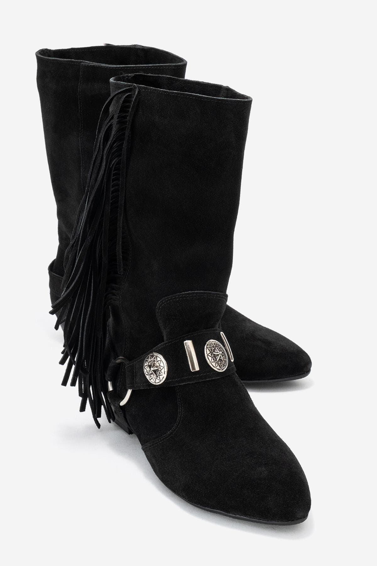 Forever & Always Shoes Selora Leather Buckle Western Boot, Alternate, color, Black Suede Leather