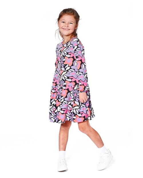 Deux Par Deux Jersey Dress Retro Flower In Blue