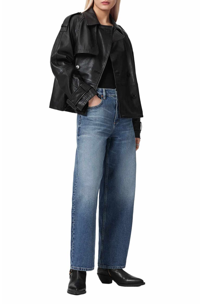 Reya Crop Leather Trench Coat, Alternate, color, BLACK