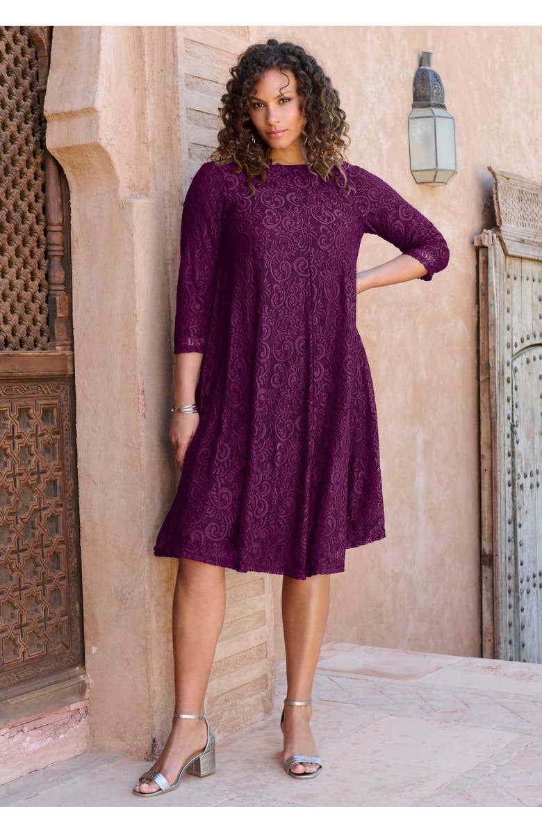 Roaman's Plus-Size 3/4 Sleeve Boatneck Lace Swing Dress, Alternate, color, Black